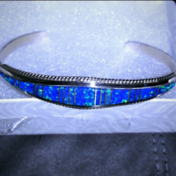 Sterling silver and blue opal zuni handmade cuff - Picture 1 of 3